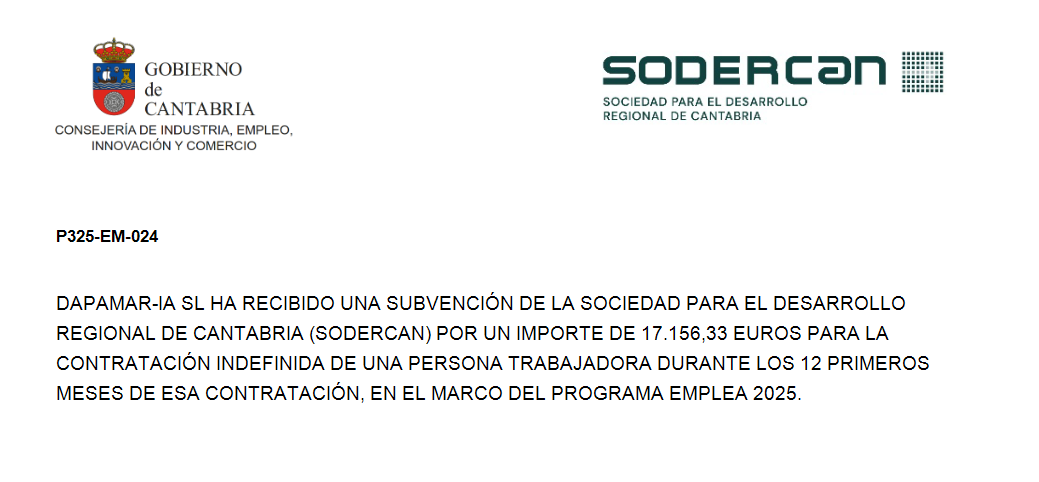 Transparencia SODERCAN — DAPAMAR-IA SL, expediente P325-EM-024. Subvención de 17.156,33 euros para la contratación indefinida de una persona trabajadora durante los 12 primeros meses, programa EMPLEA 2025.